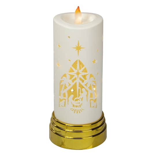 9&#x22; Gold &#x26; White Nativity Scene Flameless Candle